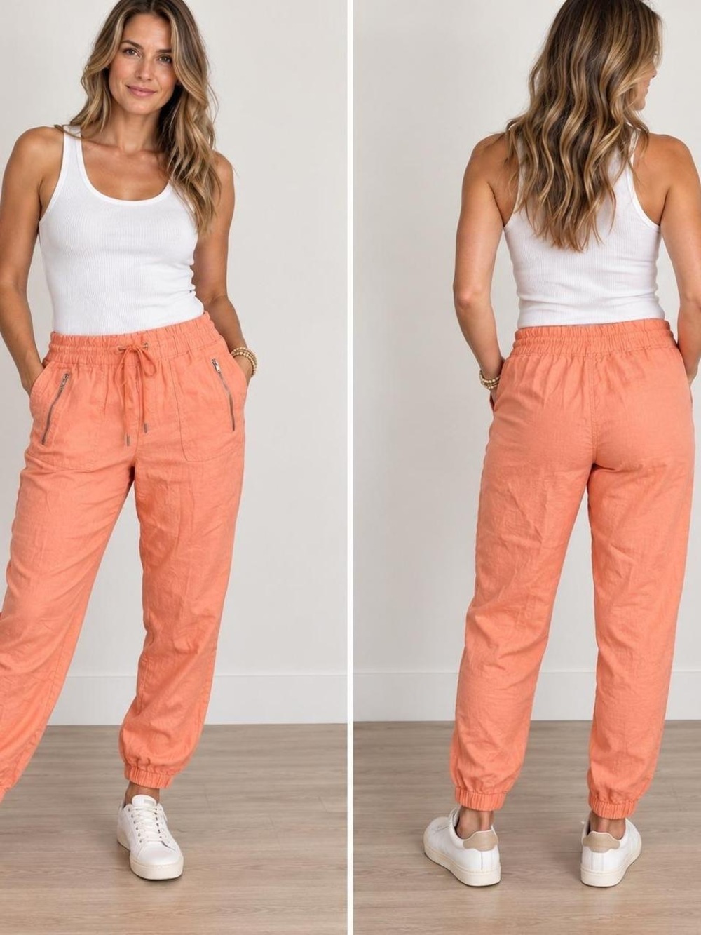 Athleta Cabo Linen Jogger Pants Coral Orange Size 14 Cactus Peach